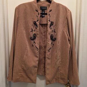 Studio I Faux Suede Embroidered Blazer Jacket Tan Paisley Plus Size 20W Boho